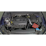 Silver AEM cold air intake system 21-802C with mandrel-bent aluminum tube and red Dryflow synthetic air filter
