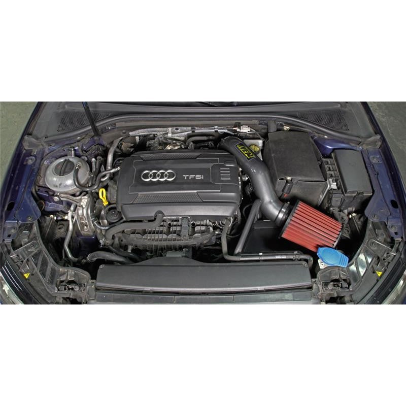 Silver AEM cold air intake system 21-802C with mandrel-bent aluminum tube and red Dryflow synthetic air filter