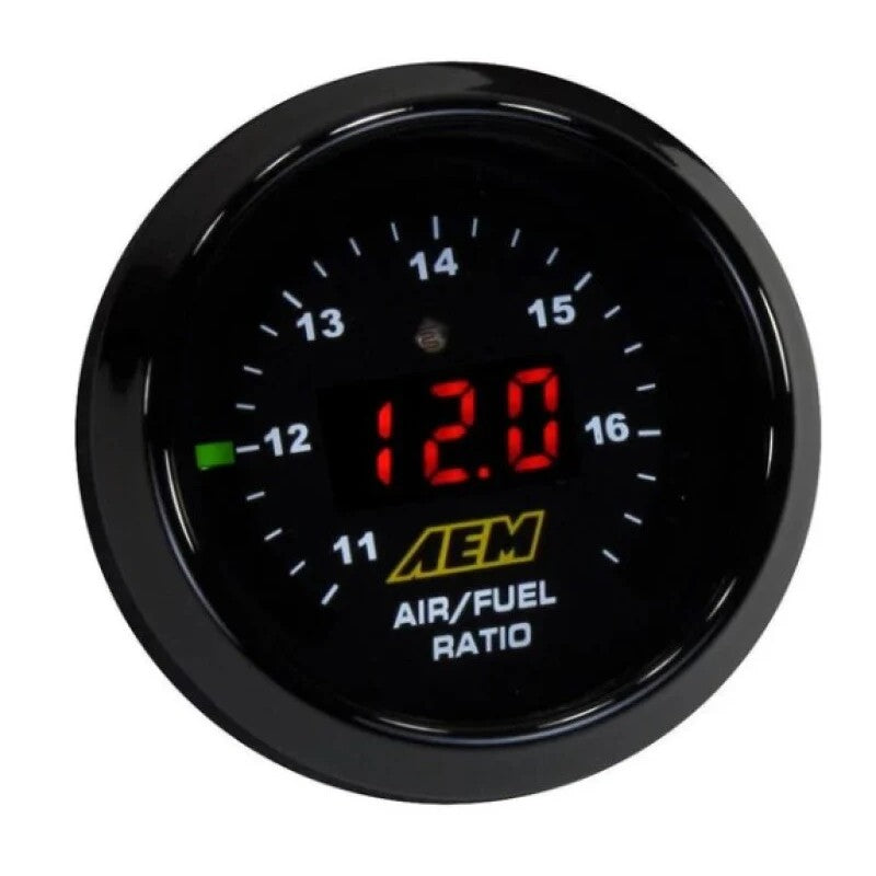 AEM 52mm digital wideband UEGO air/fuel ratio gauge face with numeric readout and LED perimeter scale