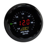 AEM 52mm digital wideband UEGO air/fuel ratio gauge face with numeric readout and LED perimeter scale