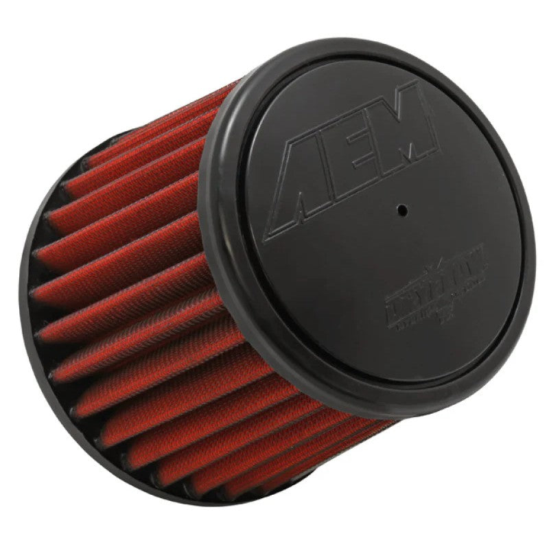 AEM Dryflow round tapered universal clamp-on air filter with 3-inch inlet and filtered top.