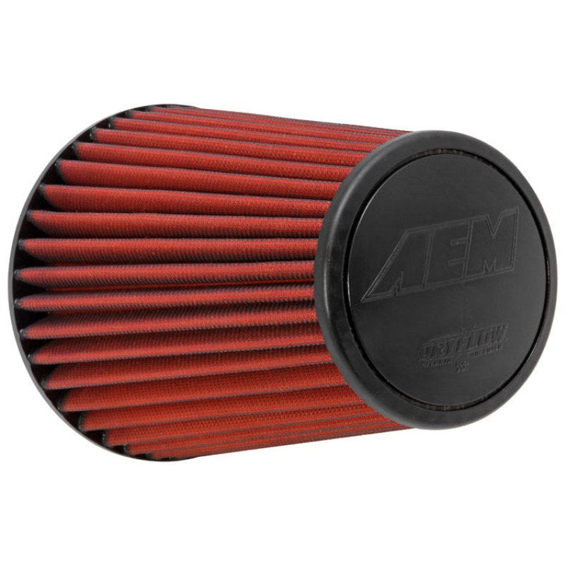 AEM Dryflow universal clamp-on air filter with 6-inch flange, 9-inch body, and oil-free synthetic media with filter top.