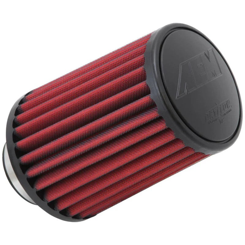 AEM Dryflow round tapered universal clamp-on air filter with 2.75 inch flange and gray synthetic oil-free media.