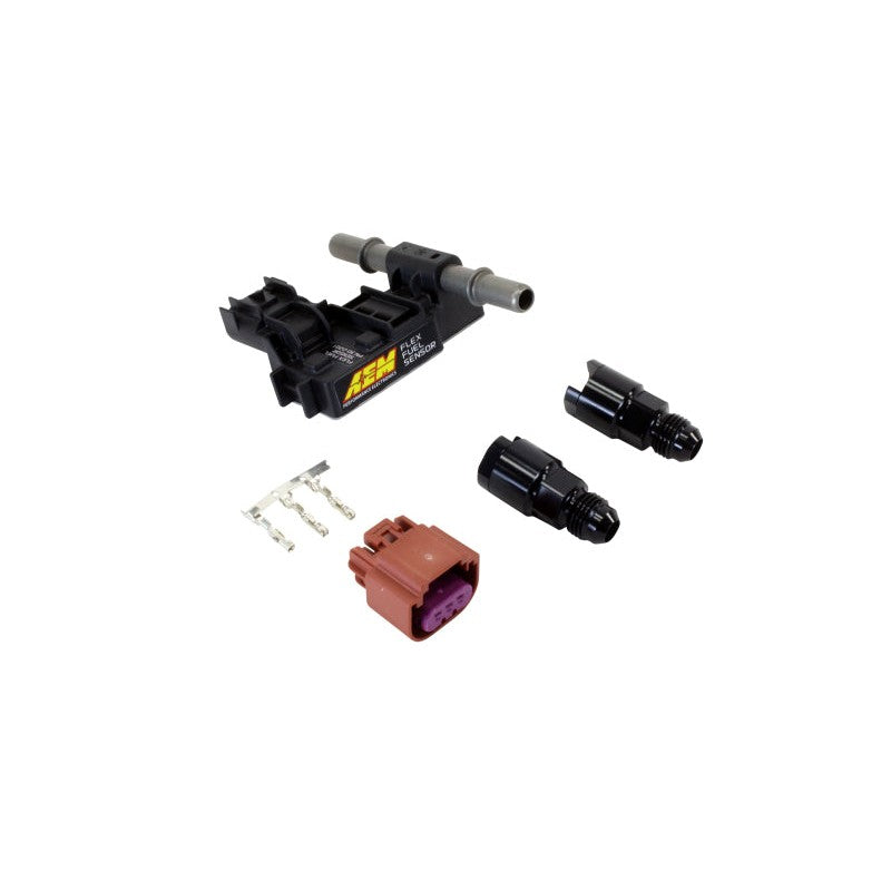 AEM Flex Fuel ethanol content sensor shown with electrical connector kit and two -6AN male adapter fittings.