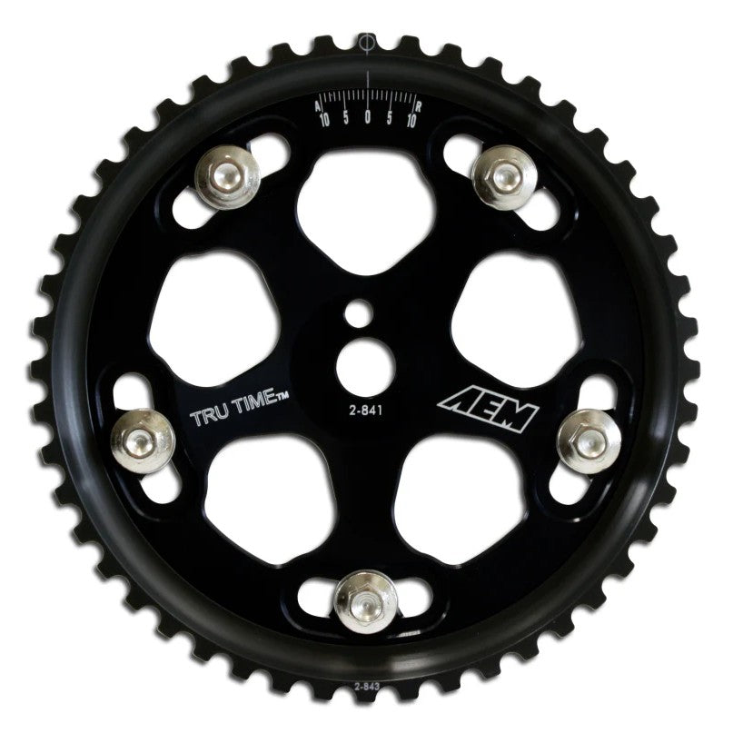 AEM Tru-Time black adjustable cam gear featuring laser-etched degree markings and grade-8 hardware.