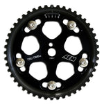 AEM Tru-Time black adjustable cam gear featuring laser-etched degree markings and grade-8 hardware.