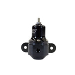 Black anodized AEM High Capacity adjustable fuel pressure regulator with -6AN ORB ports and mounting bracket.