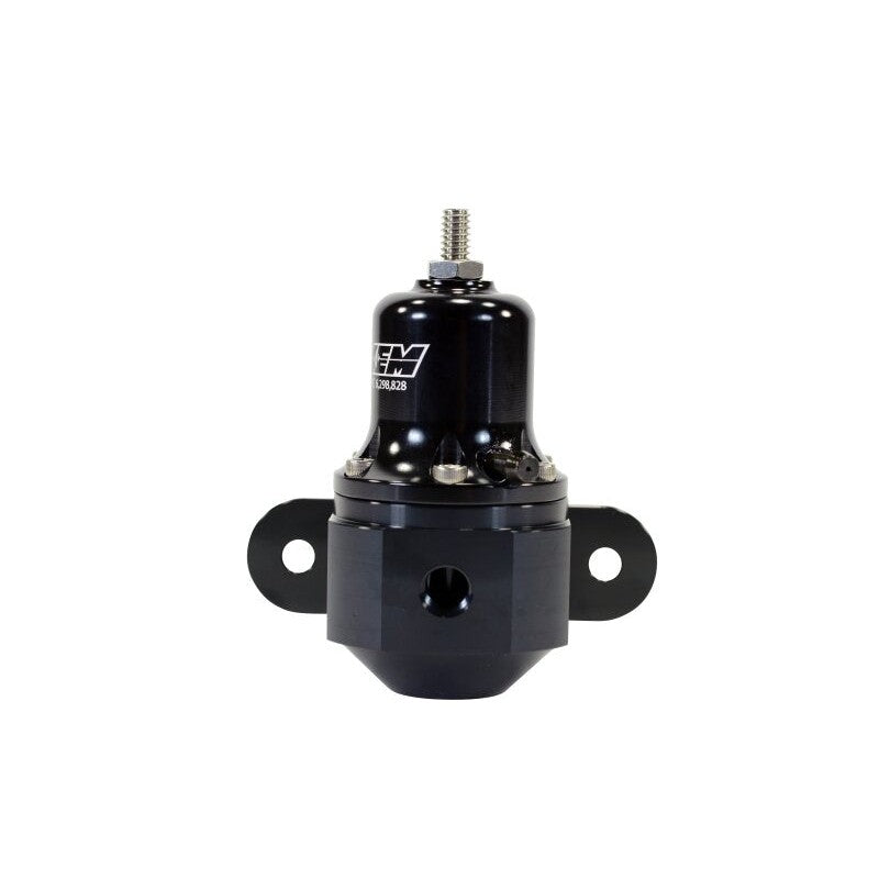 Black anodized AEM High Capacity adjustable fuel pressure regulator with -6AN ORB ports and mounting bracket.
