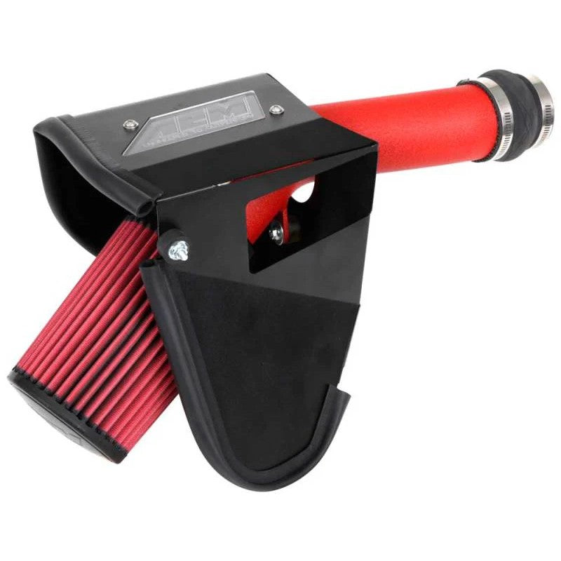 AEM wrinkle red mandrel-bent aluminum intake tube with conical Dryflow air filter and custom heat shield