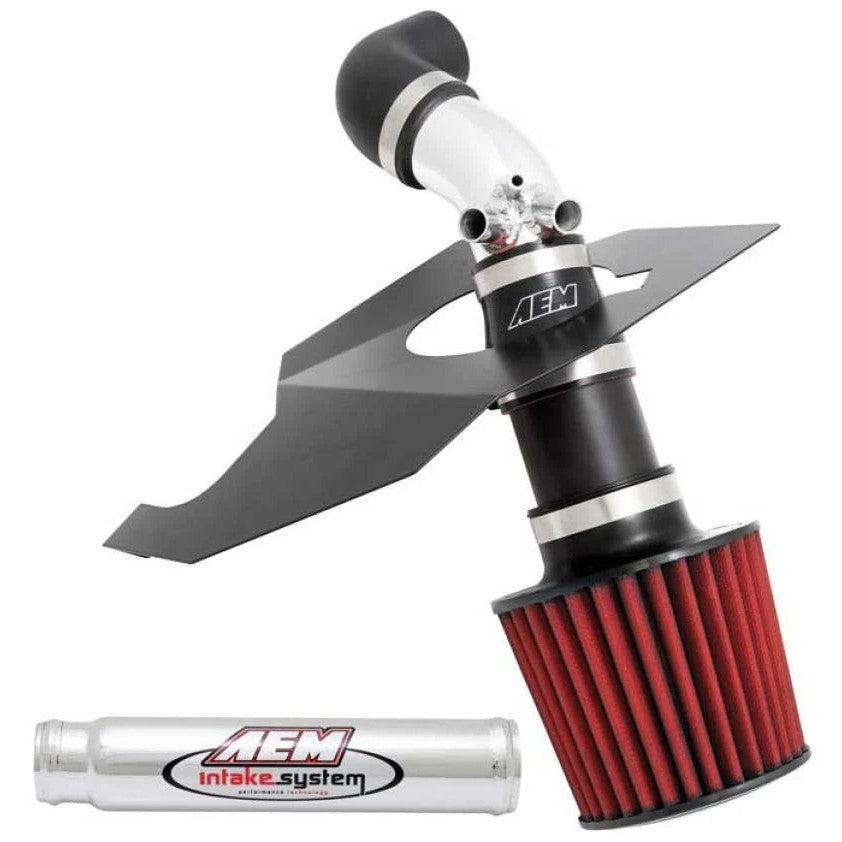AEM 22-489P polished aluminum short ram intake with heat shield and conical gray Dryflow synthetic air filter.
