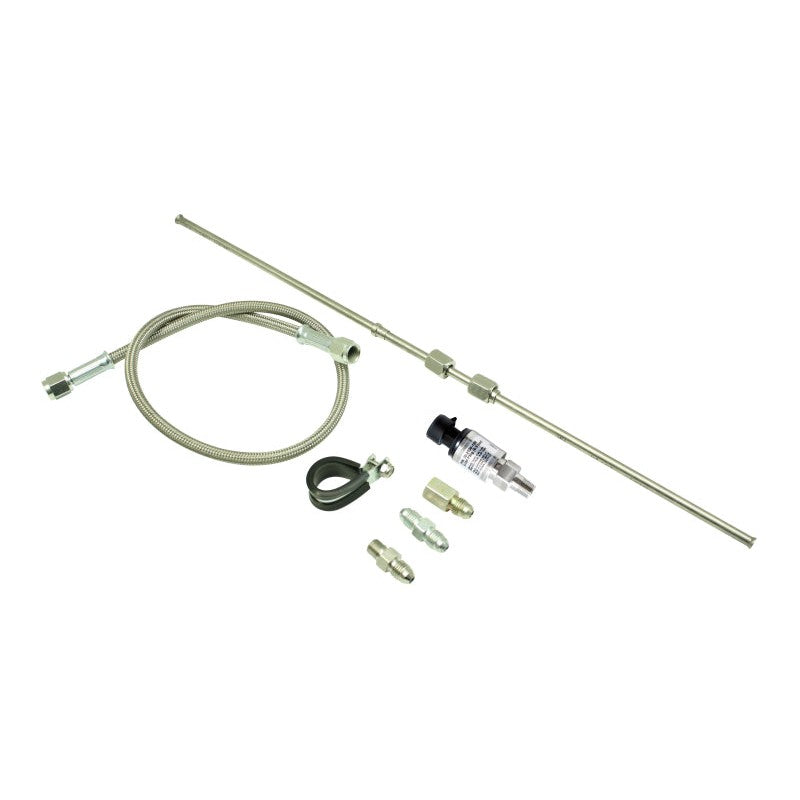 AEM 30-2064 kit with stainless 100 PSIG pressure sensor, braided hose, standoff tube, and mounting bungs.