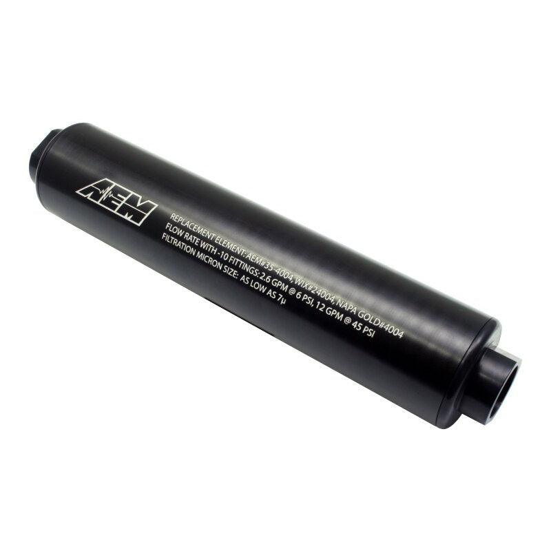 AEM 25-201BK black hard-anodized aluminum inline fuel filter with -10 AN female ports and laser-etched logo.