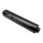 AEM 25-201BK black hard-anodized aluminum inline fuel filter with -10 AN female ports and laser-etched logo.