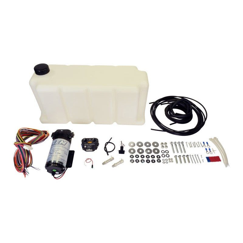 AEM V2 5-gallon diesel water/methanol injection kit including reservoir, high-pressure pump, and controller.