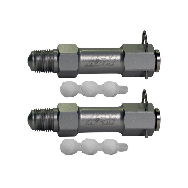 AEM V3 water/methanol injection kit featuring two nozzles, a plastic T-adapter, and six interchangeable swirl generators.