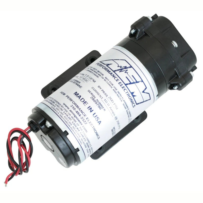 Black AEM water/methanol injection pump with 200 PSI rating and integrated mounting bracket.