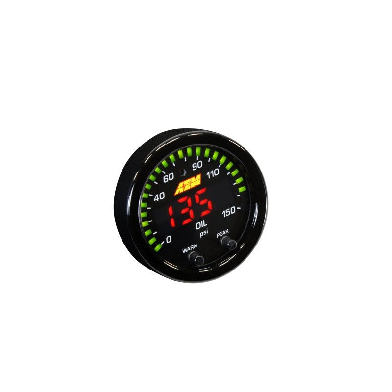 AEM X-Series 52mm digital oil pressure gauge with black bezel, center LED display, and sweeping green LED needle.