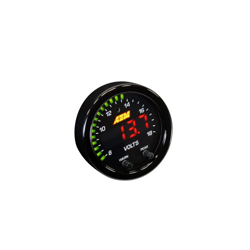 AEM X-Series 30-0303 52mm digital volt gauge featuring 8-18V display, 24 green LEDs, and slim black housing.