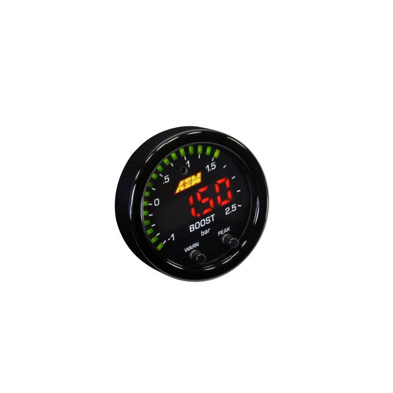 AEM X-Series 52mm digital boost pressure gauge with green LED ring and -30inHg to 35 PSI display range.