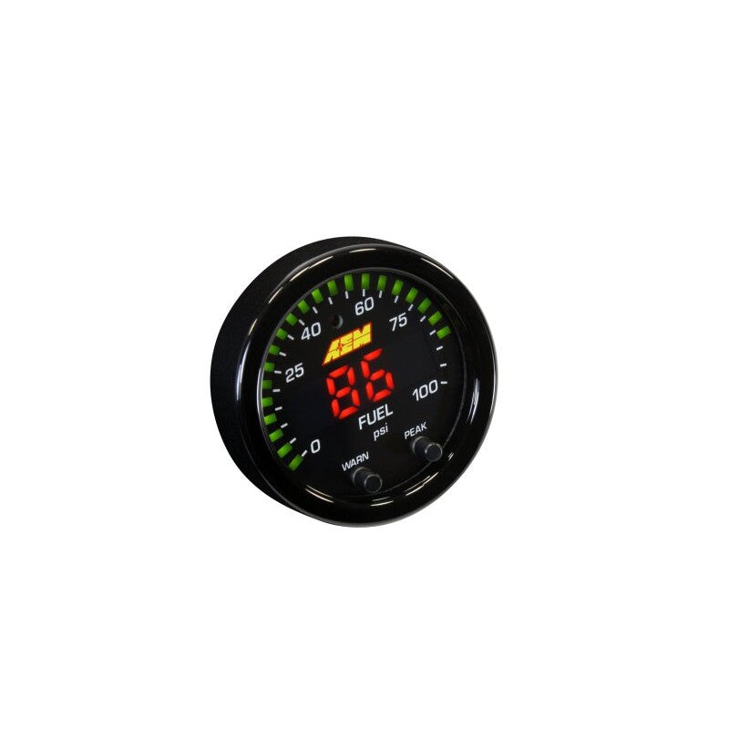 AEM X-Series 30-0301 52mm digital pressure gauge displaying 0-100 PSI with green LED sweeping needle.