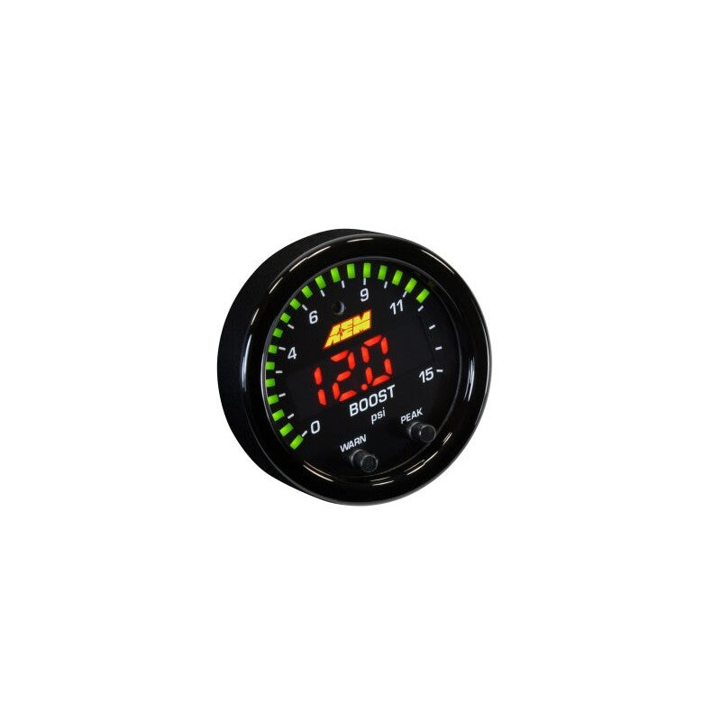 AEM X-Series 52mm digital 0-15 PSI pressure gauge with green LED perimeter and black faceplate