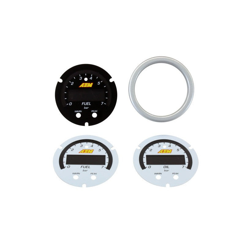 AEM X-Series pressure gauge accessory kit featuring a silver bezel and interchangeable black and white faceplates.