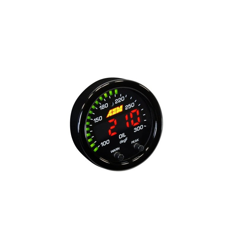 AEM X-Series 52mm digital water temperature gauge with black bezel and green LED perimeter display