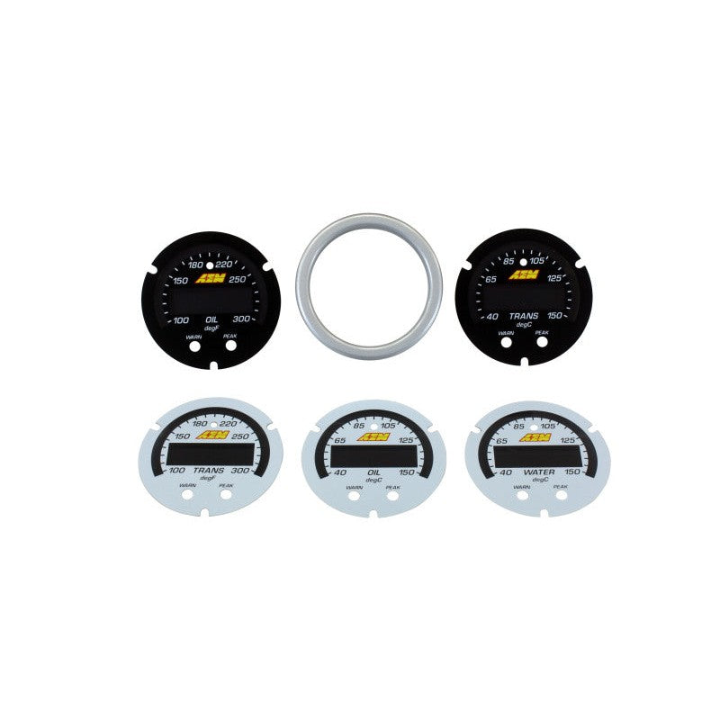 AEM X-Series Temperature Gauge Accessory Kit with silver bezel and five interchangeable faceplates