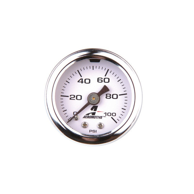 Aeromotive 15633 1.5-inch liquid filled fuel pressure gauge with 0-100 PSI white face and 1/8-inch NPT fitting