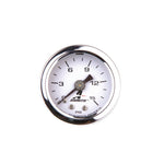 Aeromotive 1.5 inch liquid filled fuel pressure gauge, 0-15 PSI with 1/8 inch NPT male connection.