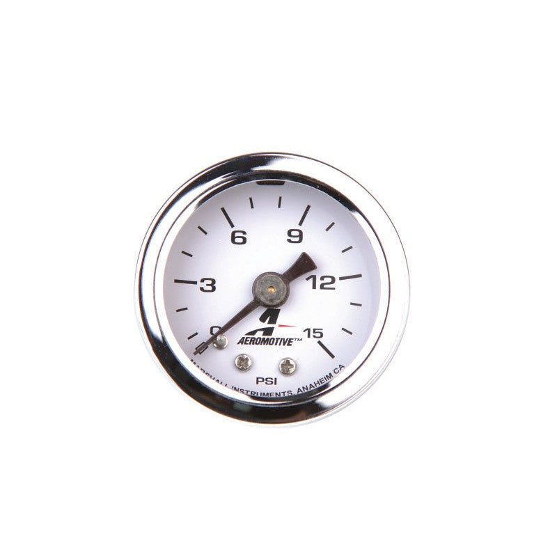 Aeromotive 1.5 inch liquid filled fuel pressure gauge, 0-15 PSI with 1/8 inch NPT male connection.
