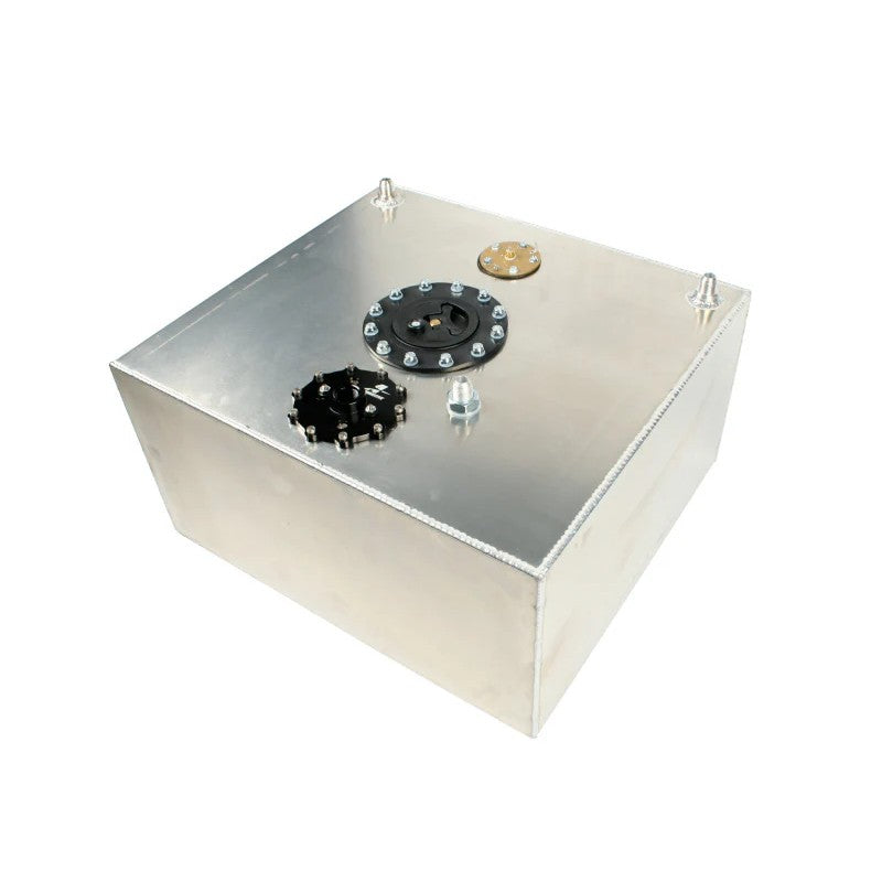 Aeromotive 15-gallon Eliminator Stealth fuel cell with integrated internal fuel pump and top-mounted fittings.