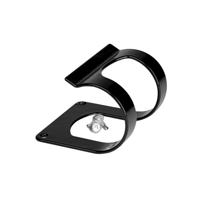 Black rubber-coated spring steel fuel filter mounting bracket, designed for 2-inch diameter fuel filters
