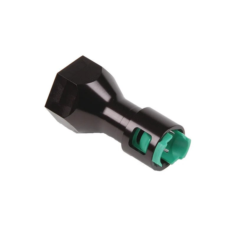Aeromotive 15118 black anodized 3/8 inch female quick connect to ORB-08 feed line adapter fitting.