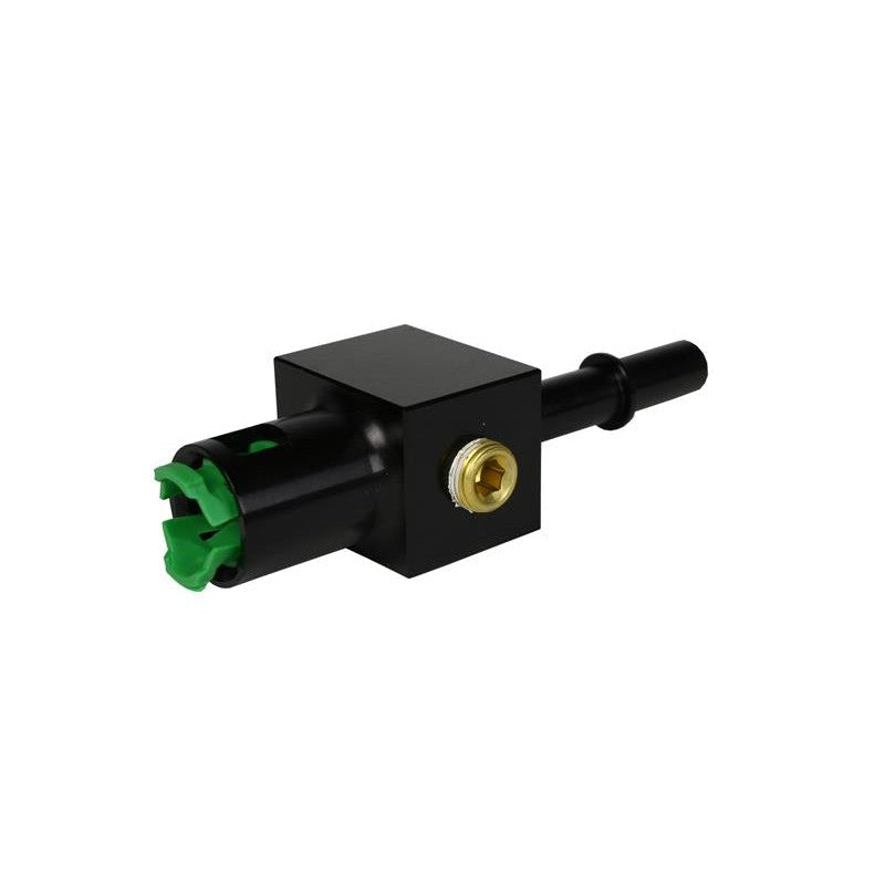 Aeromotive 15121 black anodized billet aluminum 3/8 inch quick connect to AN-08 ORB fitting with gauge port