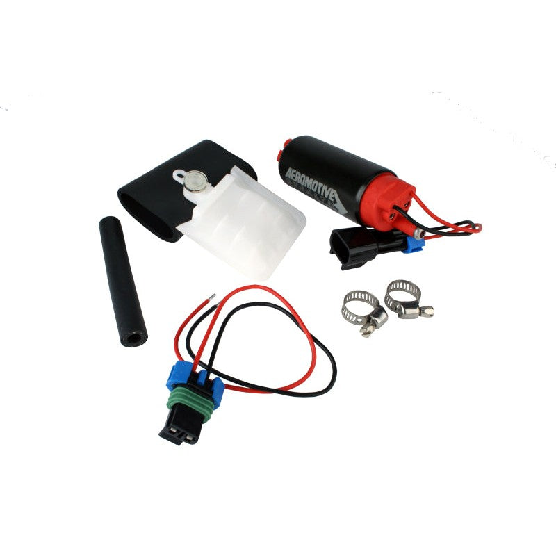 Aeromotive 340 Series Stealth 11541 fuel pump kit with offset inlet, 39mm body, filter sock, and wiring harness.