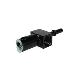 Black anodized Aeromotive 15120 fuel fitting featuring 5/16-inch quick connect to AN-06 and 1/8-inch NPT port.