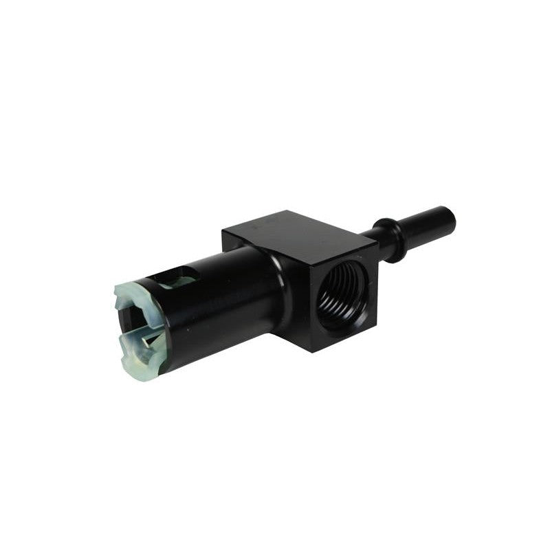 Black anodized Aeromotive 15120 fuel fitting featuring 5/16-inch quick connect to AN-06 and 1/8-inch NPT port.