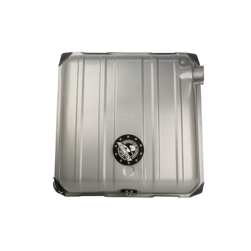 Silver powder-coated Aeromotive Stealth Gen 2 fuel tank with recessed 340 LPH pump for 1955-1957 Chevrolet Bel Air.