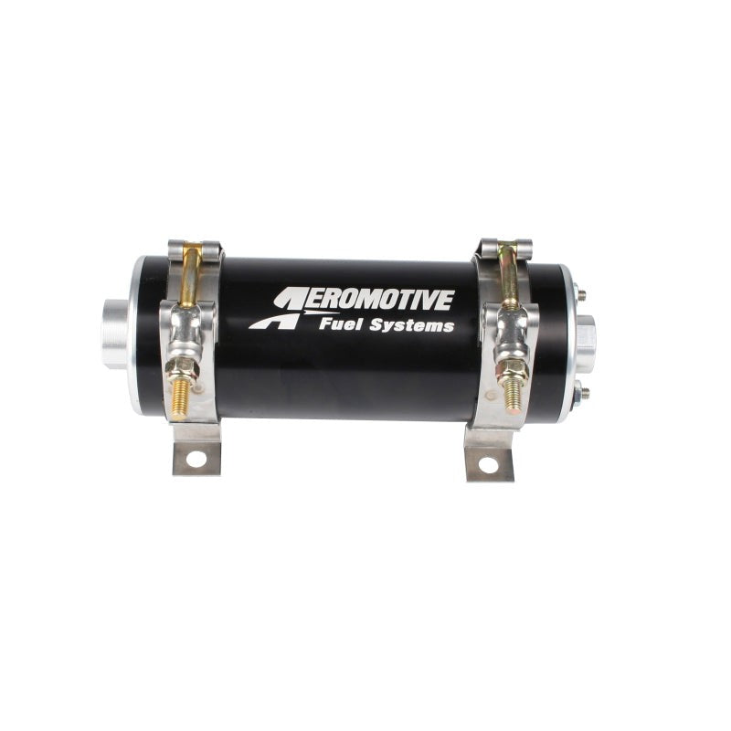 Aeromotive 11103 black billet aluminum in-line and submersible fuel pump showing inlet and outlet ports.