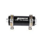 Aeromotive 11103 black billet aluminum in-line and submersible fuel pump showing inlet and outlet ports.