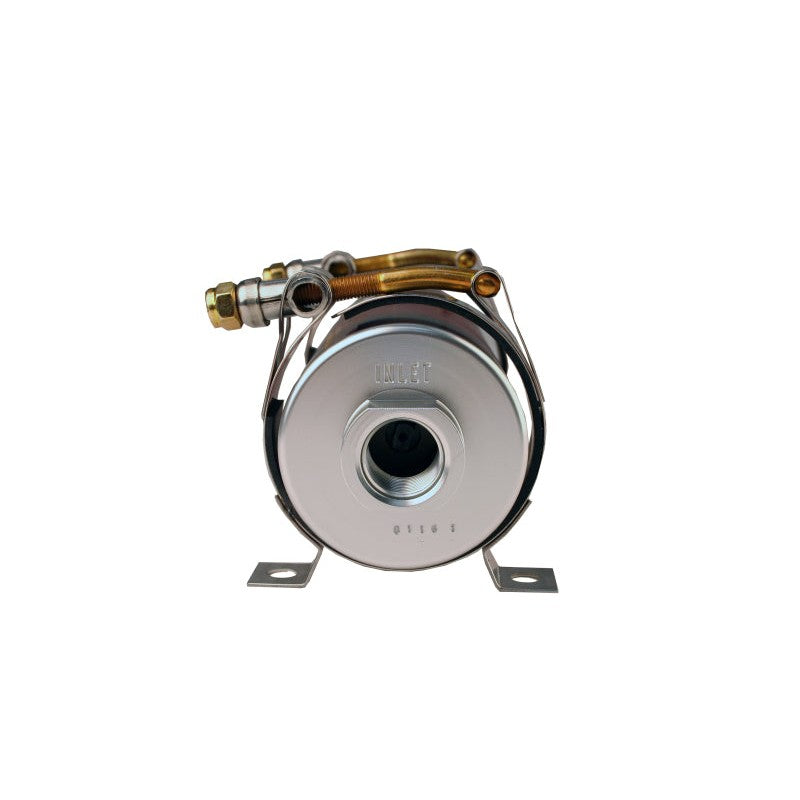 Red anodized Aeromotive 11106 billet aluminum in-line fuel pump with ORB-8 inlet and ORB-6 outlet.