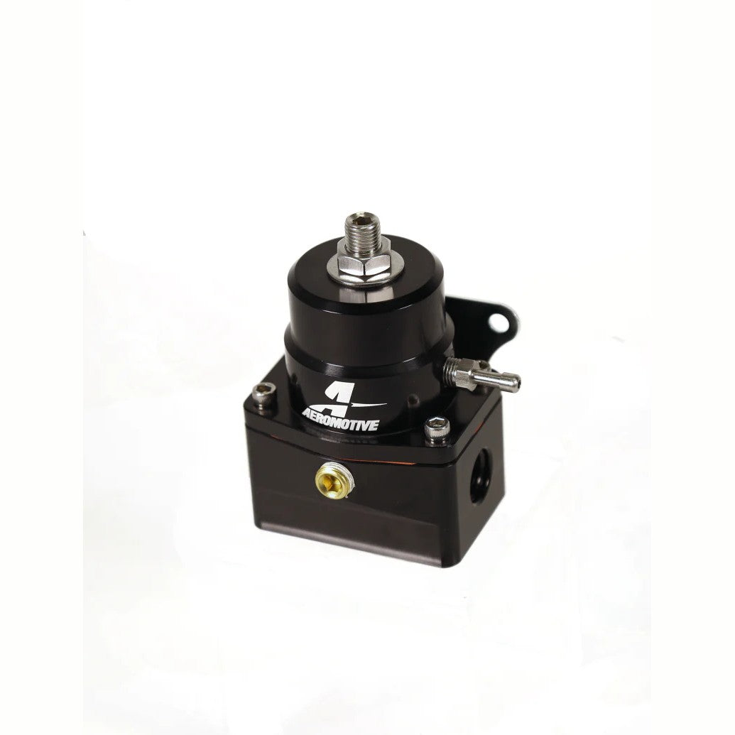 Black anodized Aeromotive A1000-6 EFI bypass fuel pressure regulator with -6 AN inlet and return ports.
