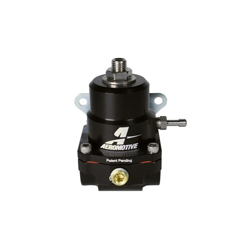 Black anodized Aeromotive A1000 series adjustable EFI fuel pressure regulator with -6 AN ORB ports and adjustment screw