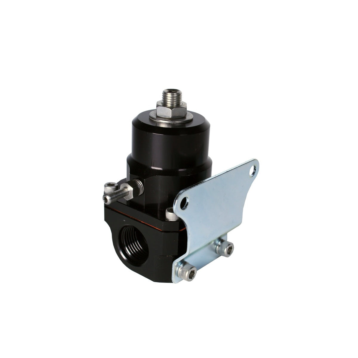 Black bright-dip anodized Aeromotive A1000 Next Gen EFI fuel pressure regulator with ORB ports and 1/8 inch NPT gauge port.
