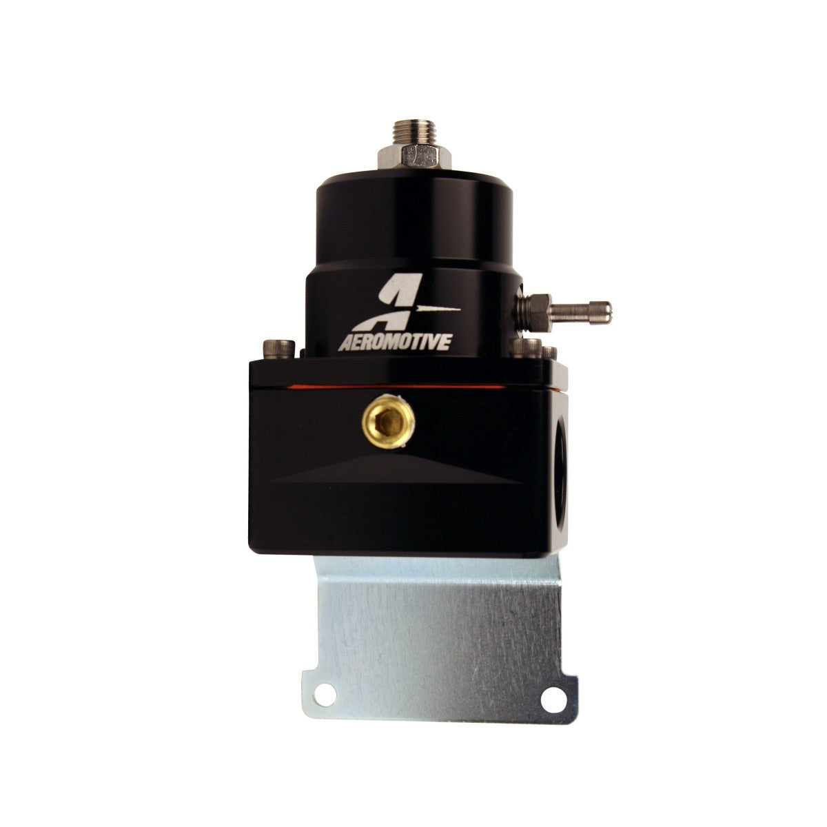 Black anodized Aeromotive EFI fuel pressure regulator with two -10 ORB inlets and one -6 ORB return port.