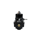 Aeromotive X1 Series adjustable fuel pressure regulator with black finish and -8AN ORB inlet and return ports.