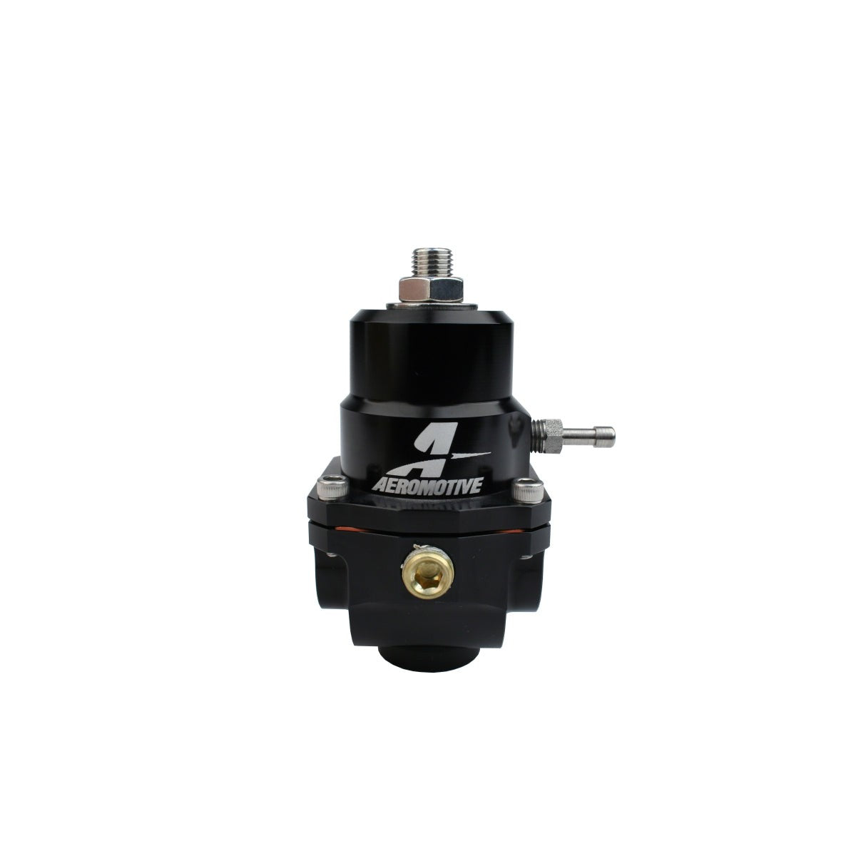 Aeromotive X1 Series adjustable fuel pressure regulator with black finish and -8AN ORB inlet and return ports.