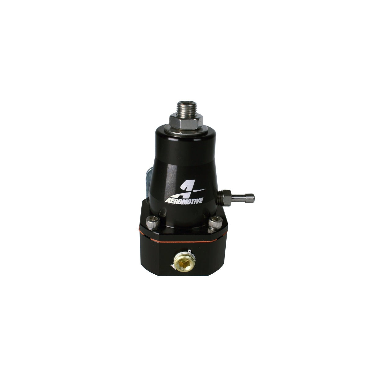 Black anodized Aeromotive 13136 billet aluminum EFI bypass fuel pressure regulator with ORB-06 ports.