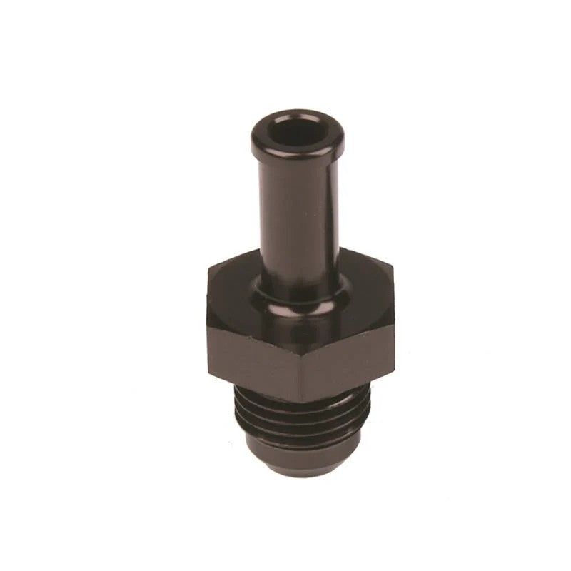 Aeromotive 15635 black anodized aluminum adapter fitting with AN-06 male flare and 5/16-inch barbed hose end.